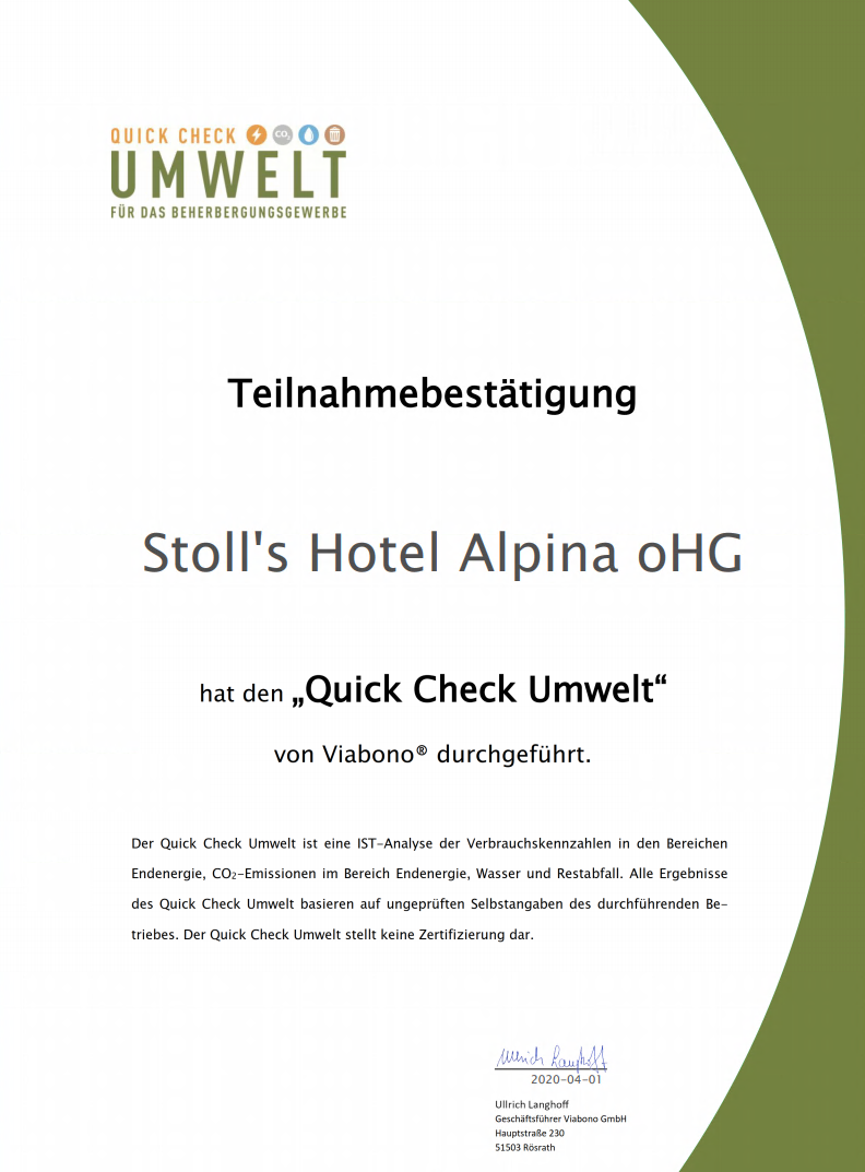 Stoll´s Hotel Alpina oHG Viabono Zertifikat Urkunde